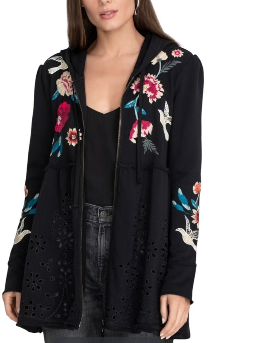 Johnny Was Junia Jacket Embroidered Eyelet Zip Front Hooded Black S - Picture 4 of 12